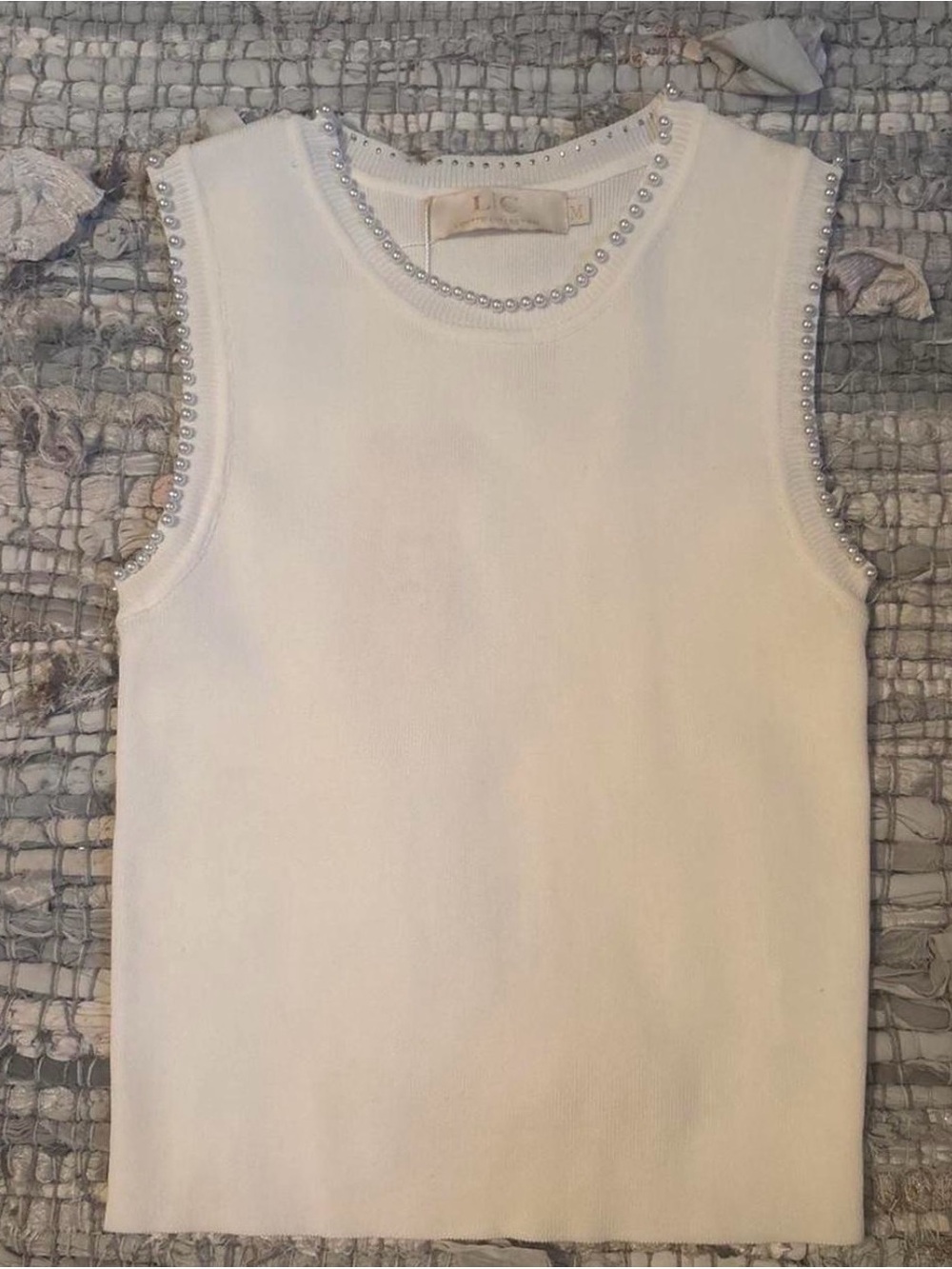 LC Trendz Cream Pearl-Trim Sleeveless Tank Top